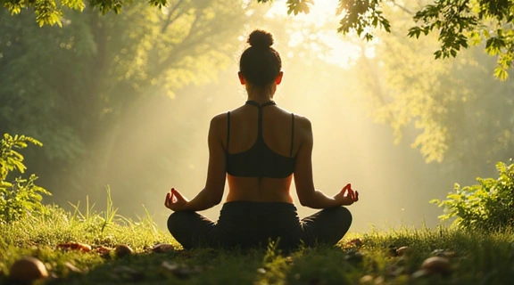 Una persona meditando en un entorno tranquilo, con elementos de estrés y nutrición superpuestos.
