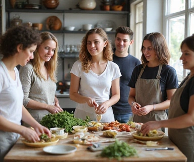 Grupo de personas participando activamente en un taller de cocina saludable o una charla educativa sobre nutrición, en un ambiente colaborativo y alegre.