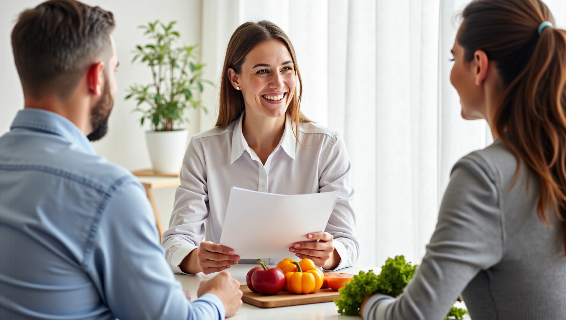 Nutricionista y cliente en sesión de consulta, ambiente profesional y de confianza.